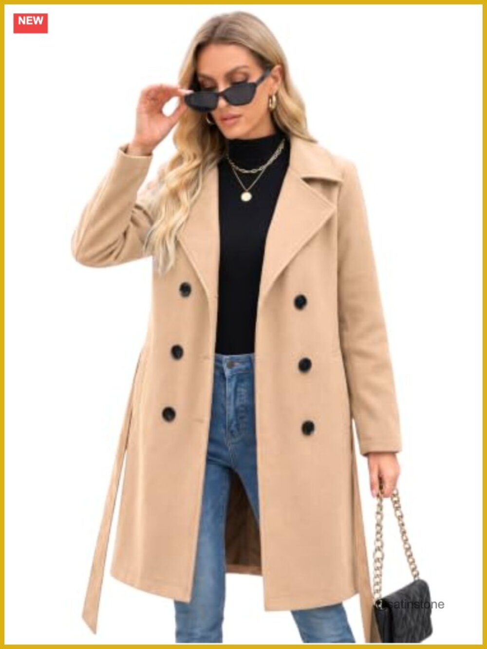 Faux Wool Double-Breasted Trench Coat - Long Winter Coat